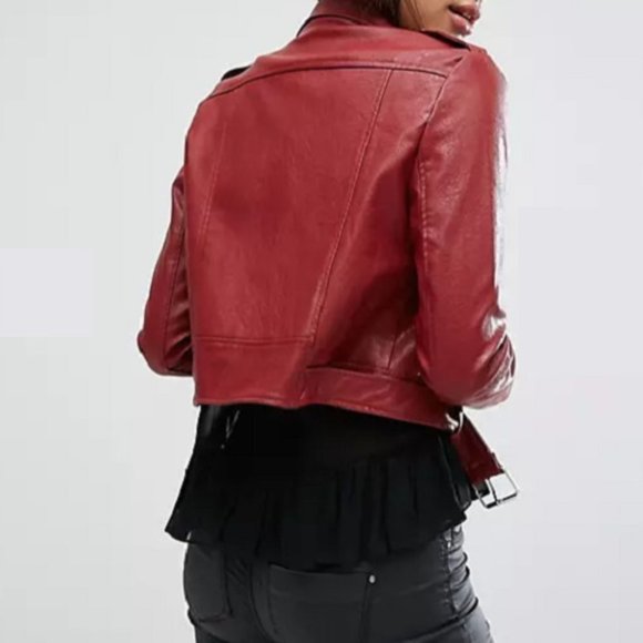 Red Moto Jacket - Belted - Urban - Trendy - Elegant - Asymmetric Zip Front - Picture 4 of 10
